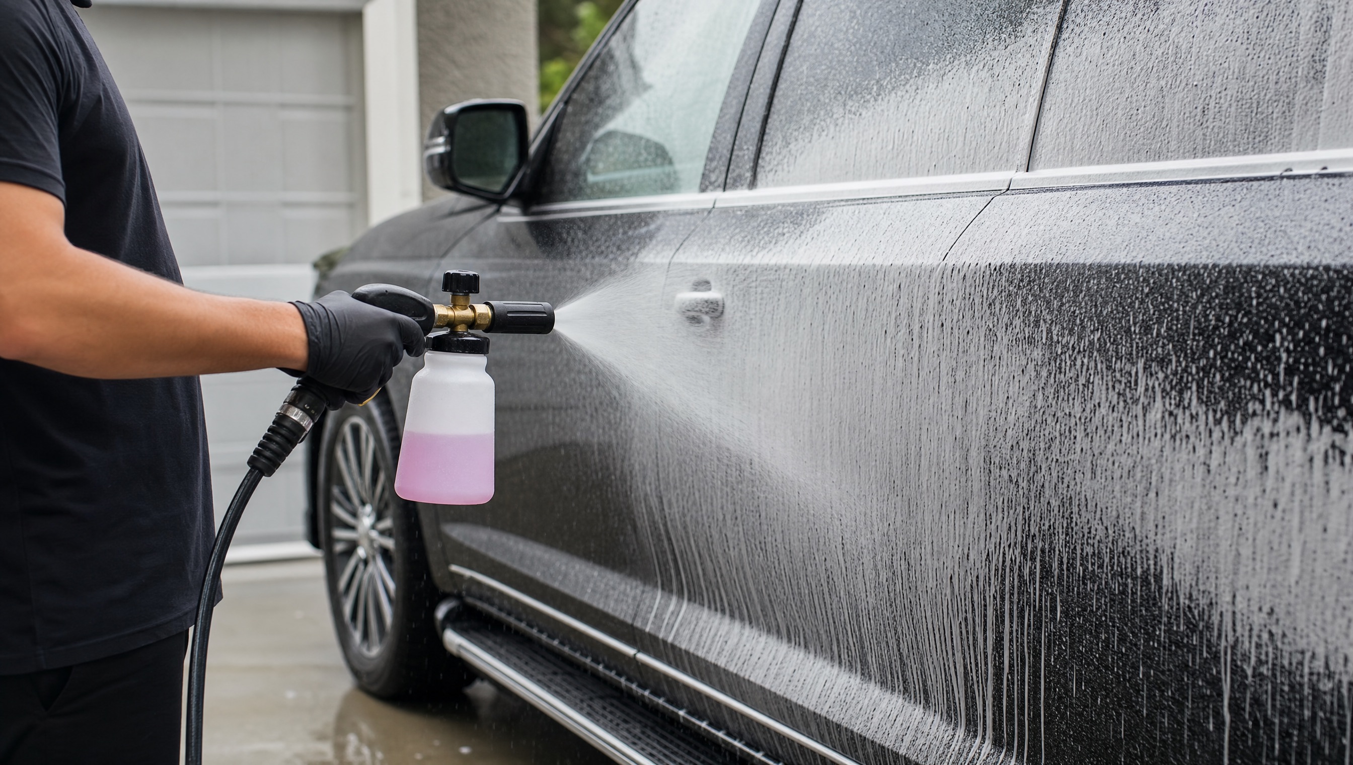 Self-contained mobile detailing rig at a driveway